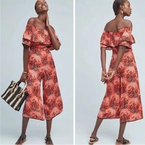 Anthropologie Kopal Ruffle Botanical Biji Size M Off The Shoulder Jumpsuit Boho